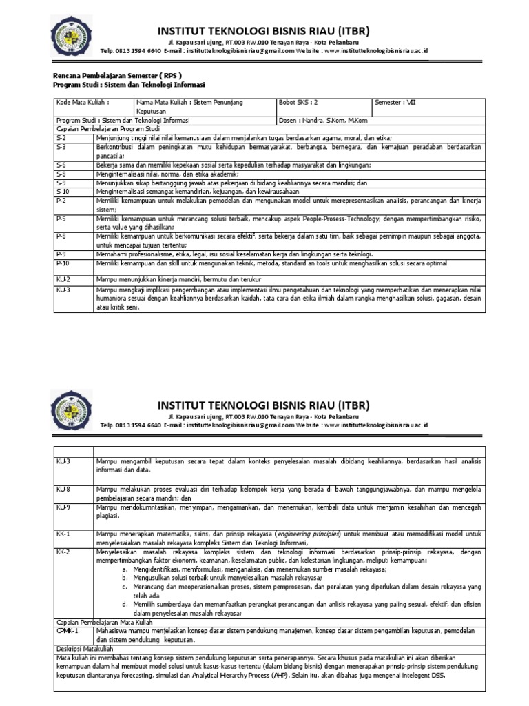 RPS Sistem Penunjang ITBR Pekanbaru | PDF