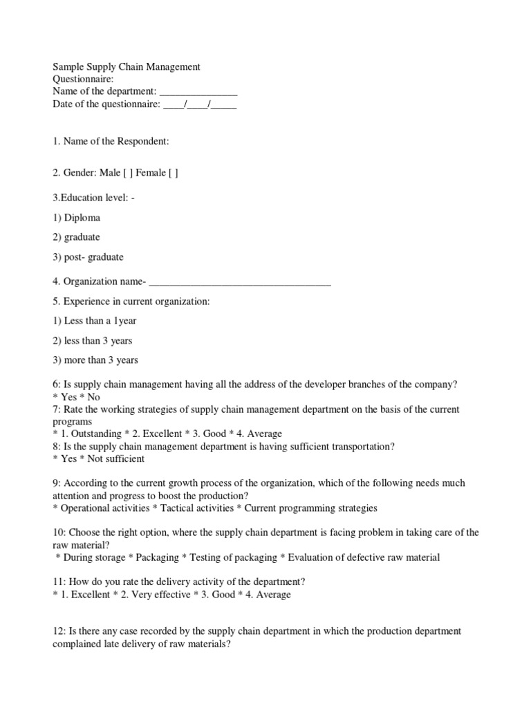 Questionnaire Sample PDF Retail Supply Chain