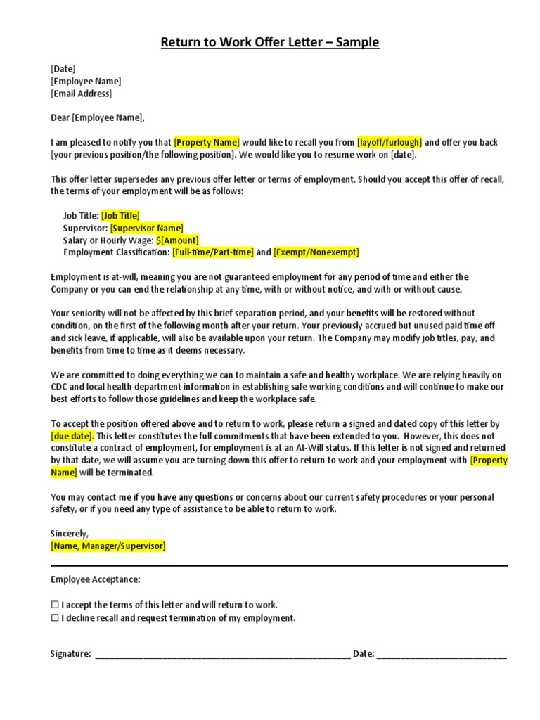 Return To Work Offer Letter - Sample | PDF | Employment | At Will 
