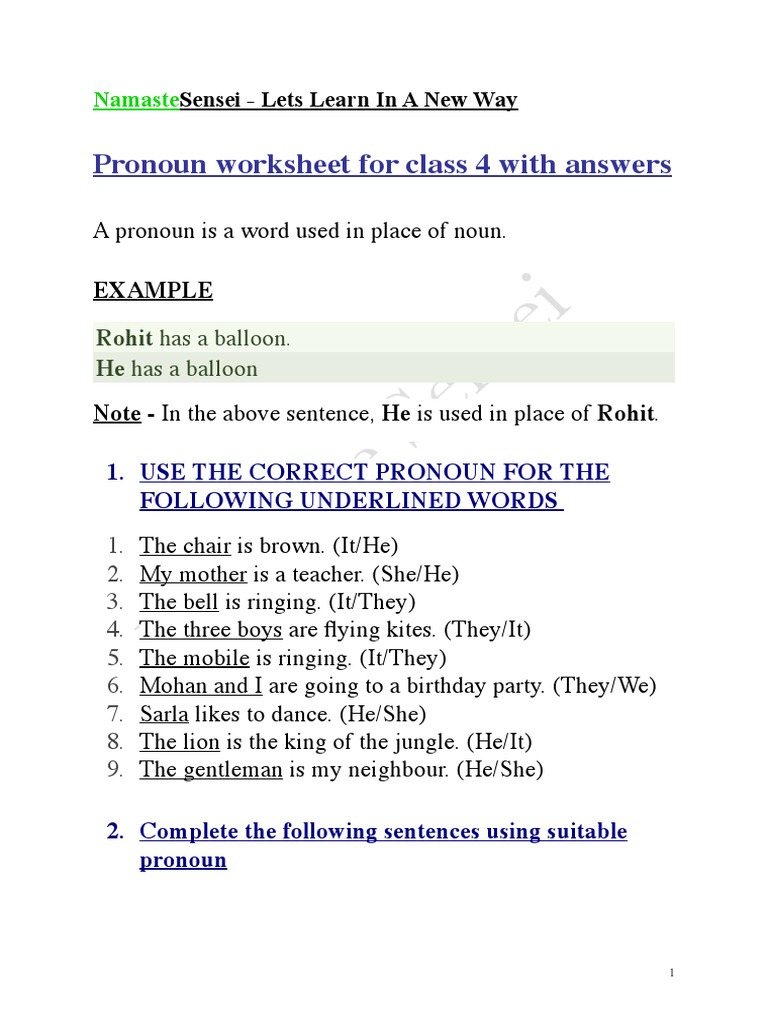 Pronoun Worksheet For Class 4 With Answers | PDF