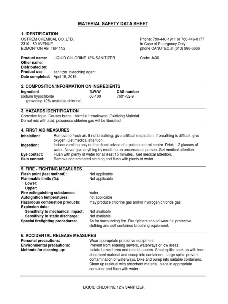 LIQUID CHLORINE 12 SANITIZER MATERIAL SAFETY DATA SHEET PDF