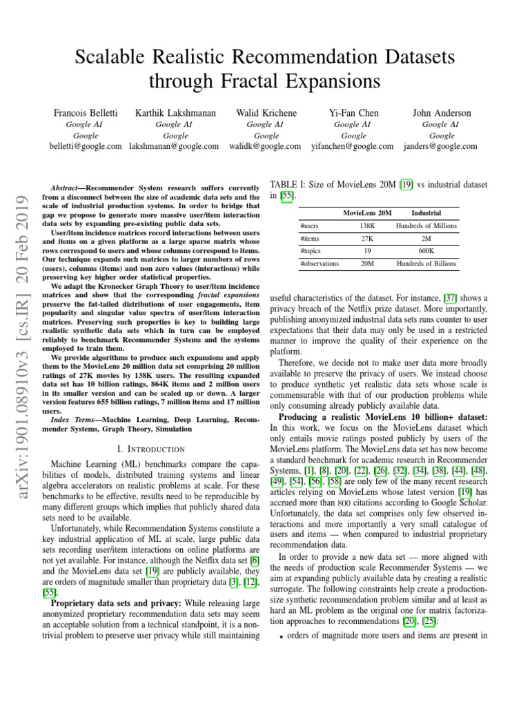 Scalable Synthetic Datasets for Recommendations | PDF | Matrix ...