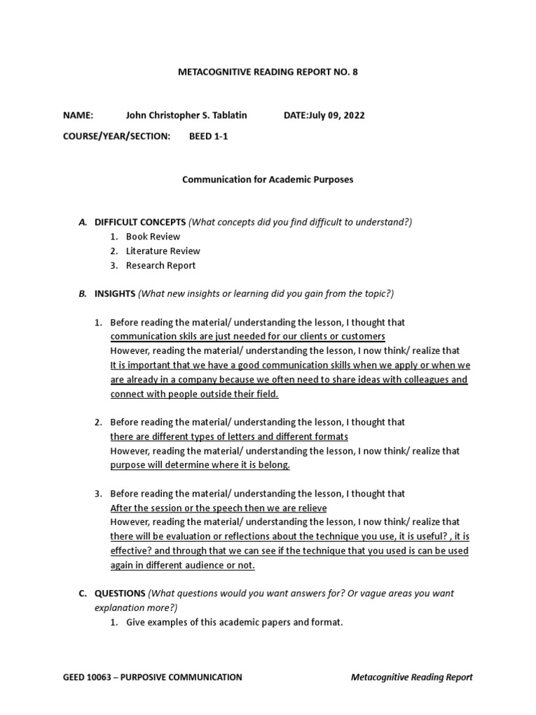 Metacognitive Reading Report No. 8: A. DIFFICULT CONCEPTS (What ...