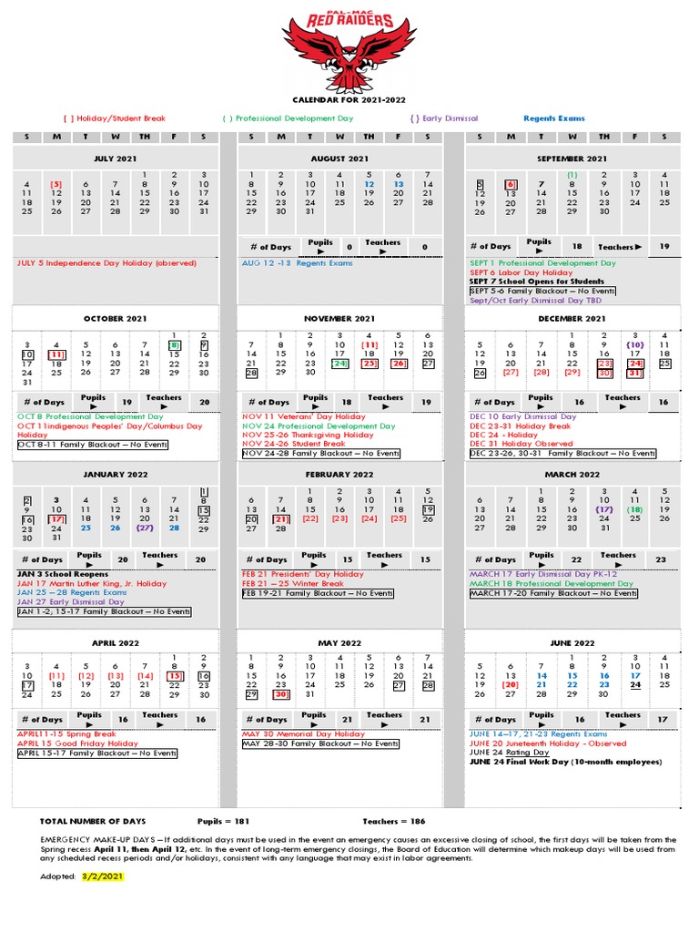 Palmyra-Macedon CSD 2021-2022 School Calendar Printable | PDF | Traditions  | The United States