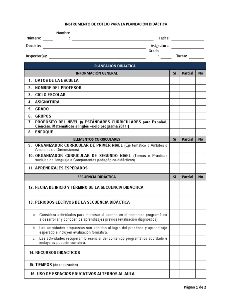 Lista de cotejo de la planeación didáctica | PDF | Evaluación | Plan de ...