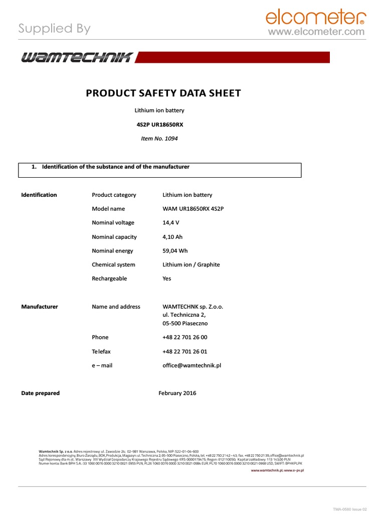 Lithium Ion Battery Safety Data Sheet | PDF | Rechargeable Battery ...