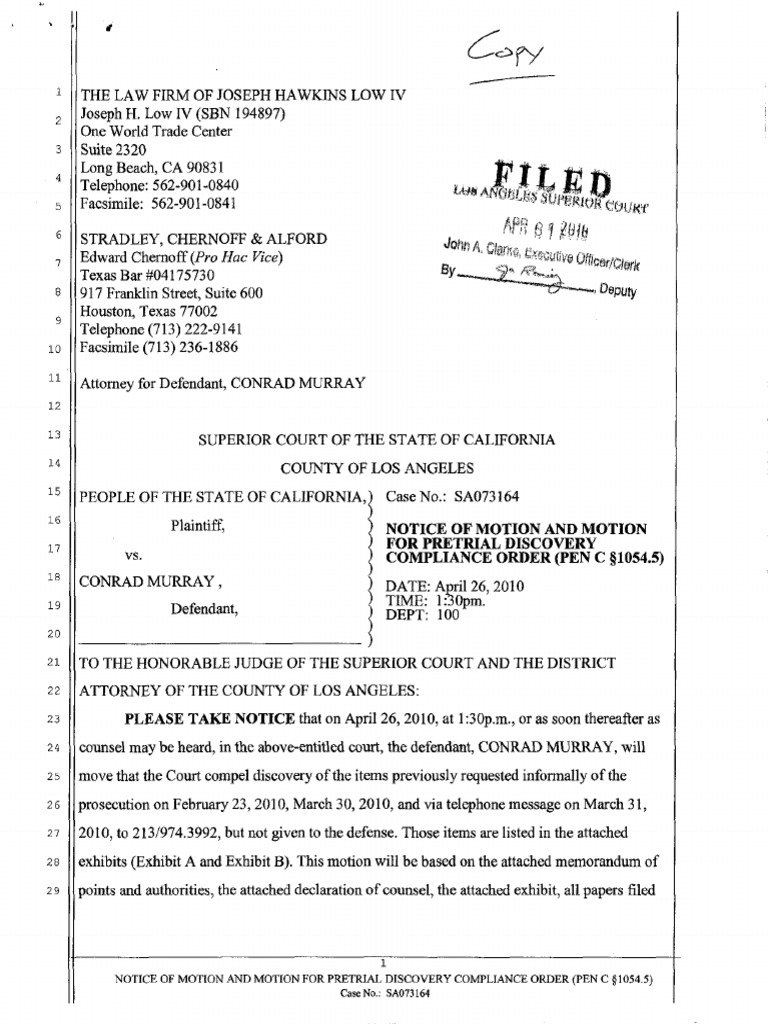 Notice of motion and motion for pretrial discovery compliance order