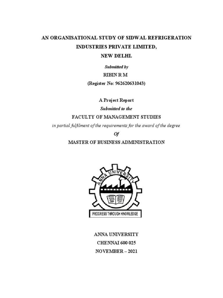 An Organisational Study of Sidwal Refrigeration Industries Private