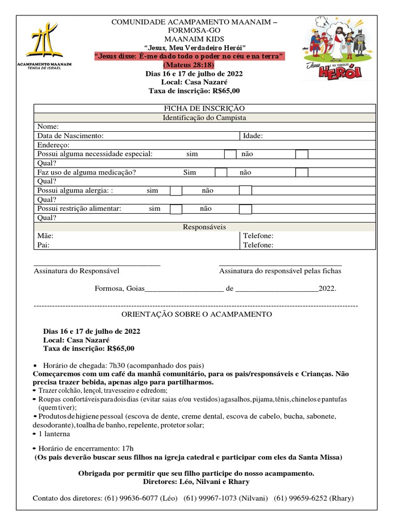 FICHA DE INSCRIÇÃO Kids | PDF, image size:768x1024