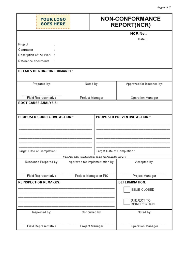 Non-Conformance Report Template | PDF
