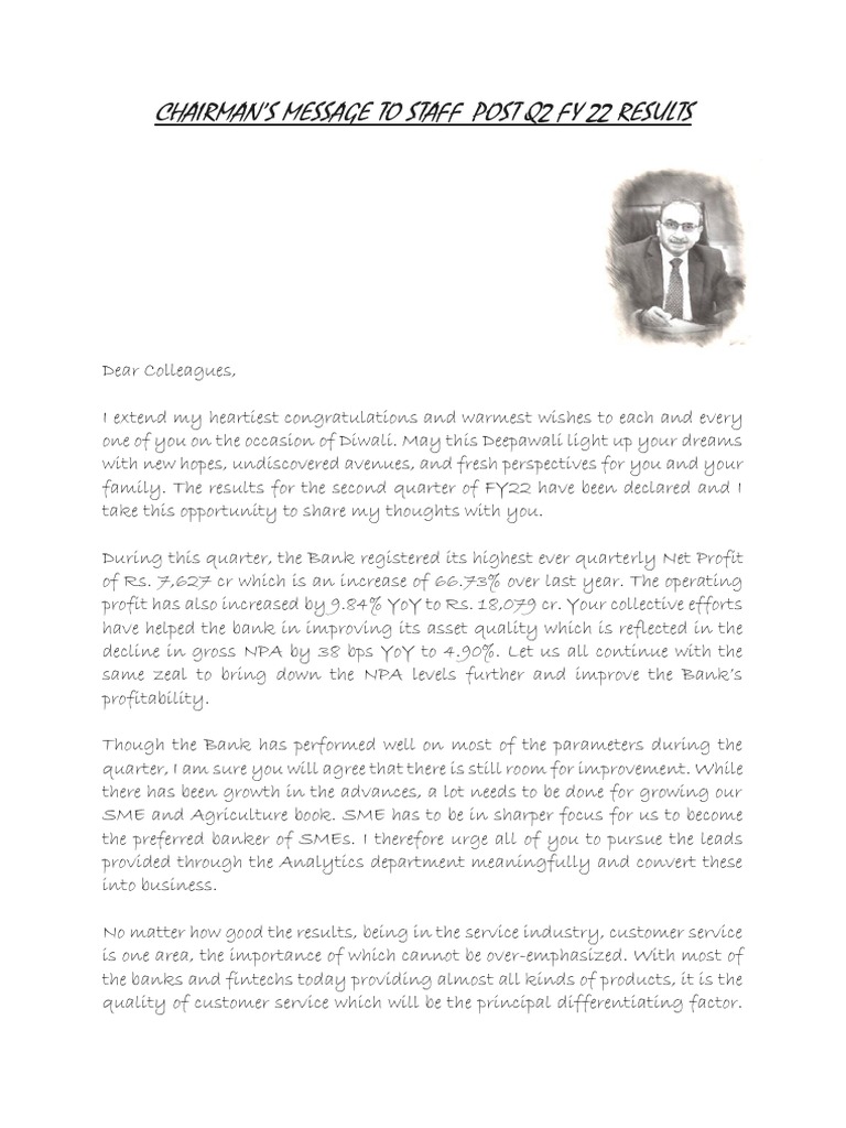 Chairman's Message To Staff Post Q2 FY22 Results Download Free PDF