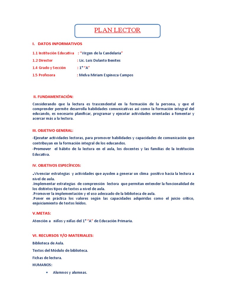 Plan Lector y Tutoría en Primaria | PDF | Salón de clases | Educación ...