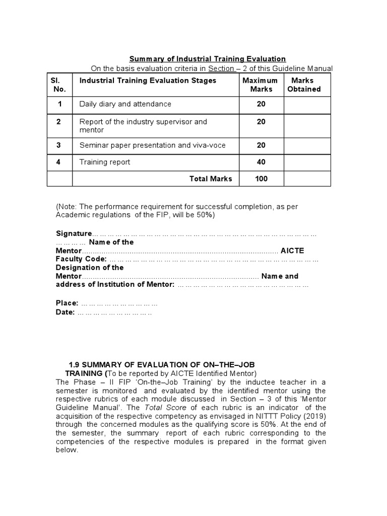 Industrial Training Evaluation Summary | PDF | Teachers | Mentorship