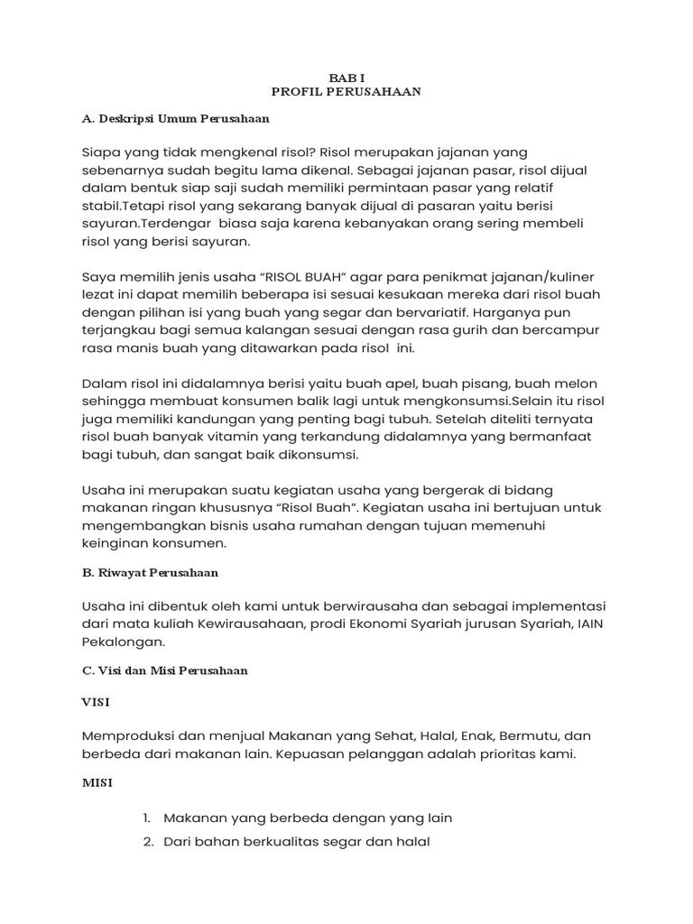Proposal Usaha Risol Buah Kewirausahaan | PDF