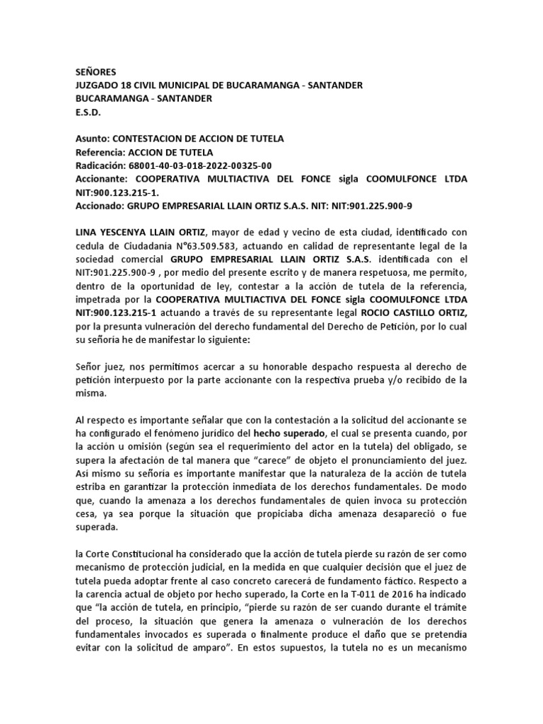 Contestacion de Accion de Tutela | PDF | Derecho Constitucional | Juez