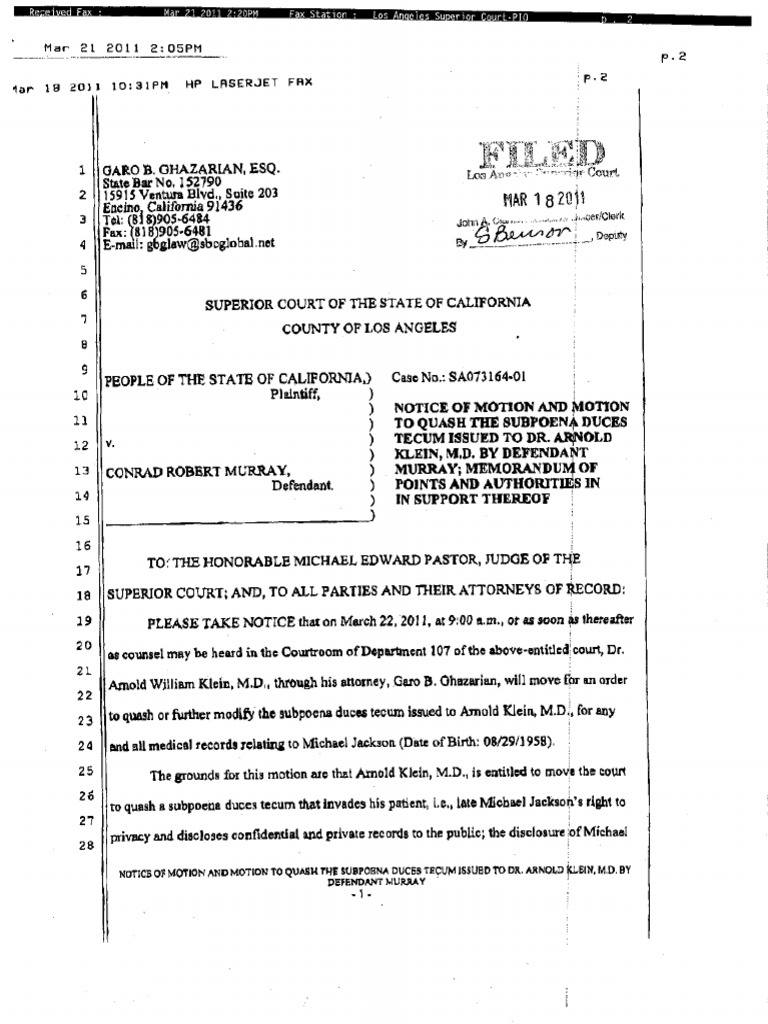 NOTICE OF MOTION AND MOTION TO QUASH THE SUBPOENA DUCES TECUM ISSUED TO