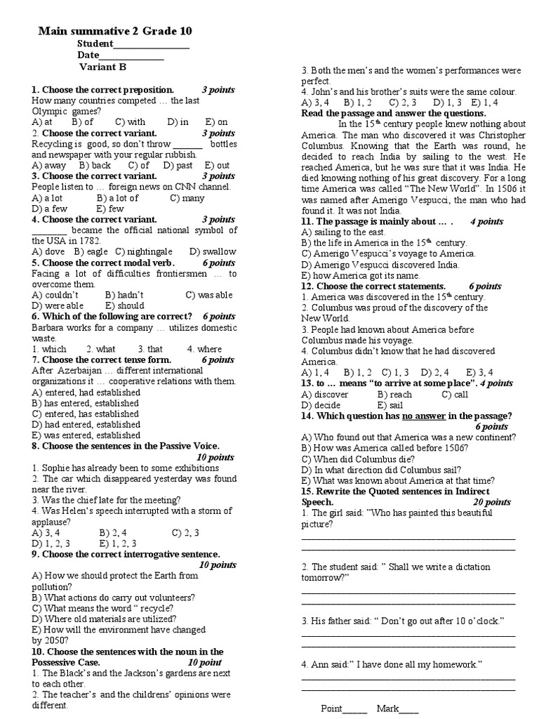 Main Summative 2 Grade 10 Var B | PDF | New World | Grammar