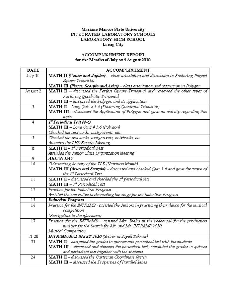 MMSU Laboratory High School Report for July and August