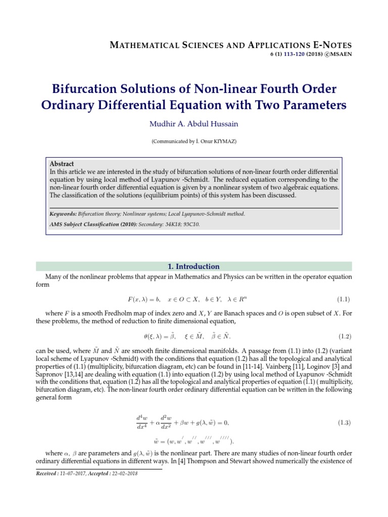 Bifurcation Solutions of Non-Linear Fourth Order Ordinary Differential ...