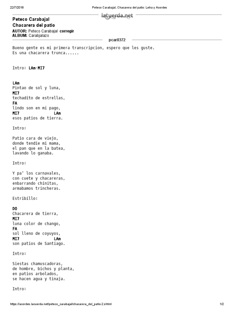 Peteco Carabajal, Chacarera Del Patio Letra y Acordes PDF