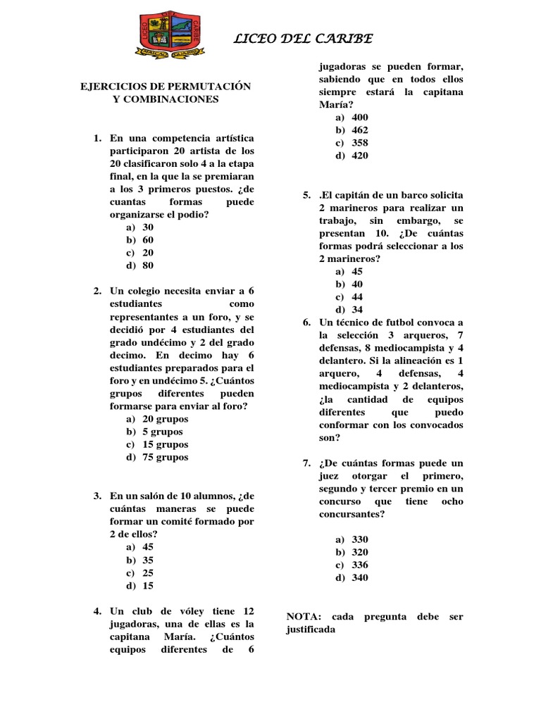 Ejercicios de Permutaciones y Combinaciones | PDF | Deportes ...