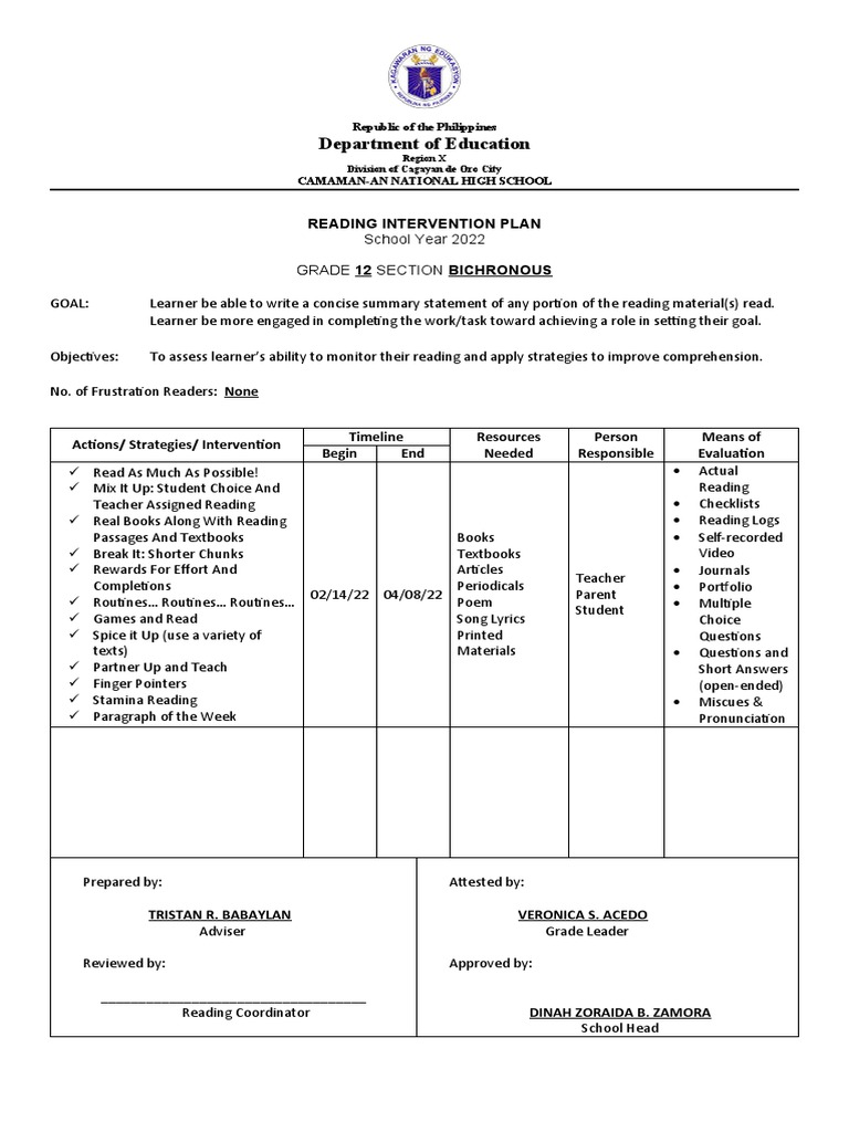 Department of Education: Reading Intervention Plan | PDF | Reading ...