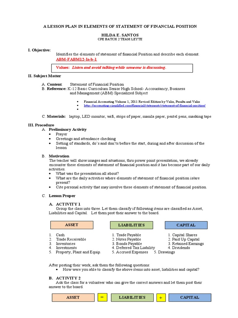 Elements of Financial Position Lesson Plan | PDF | Balance Sheet ...