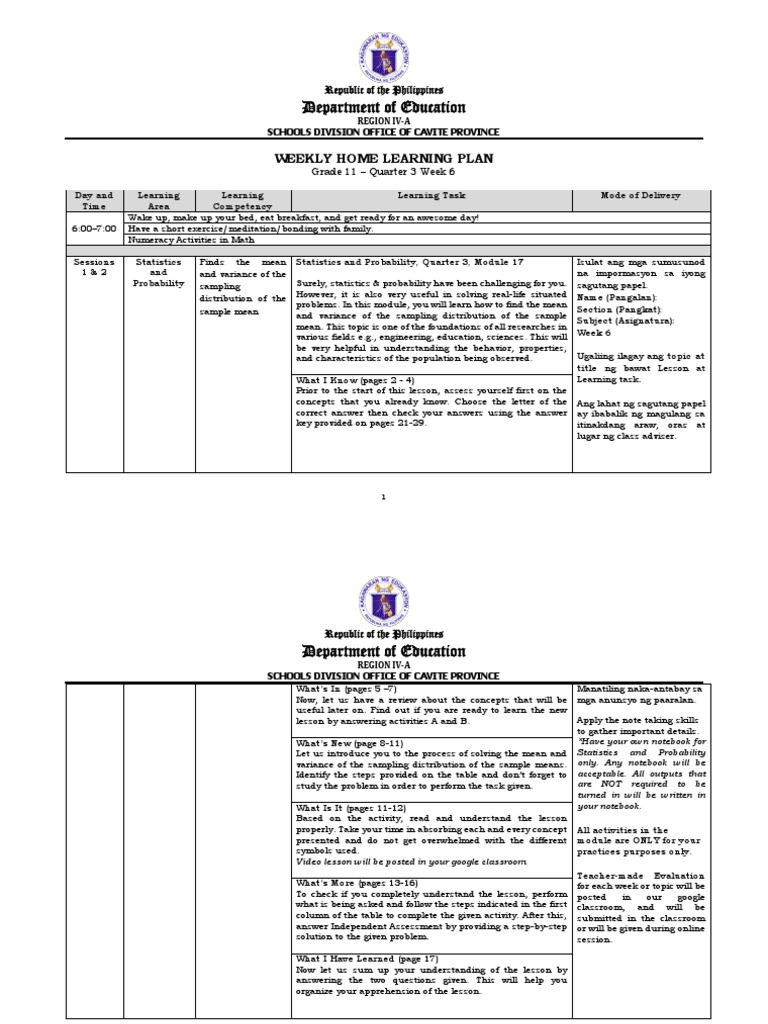 Grade 11 Weekly Learning Plan: Week 6 | PDF | Statistics | Learning