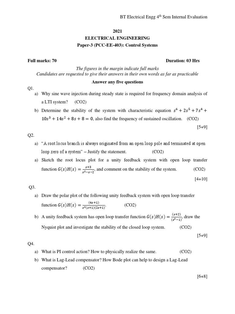 Control Systems Question Paper 2021 Calcutta University BTech EE
