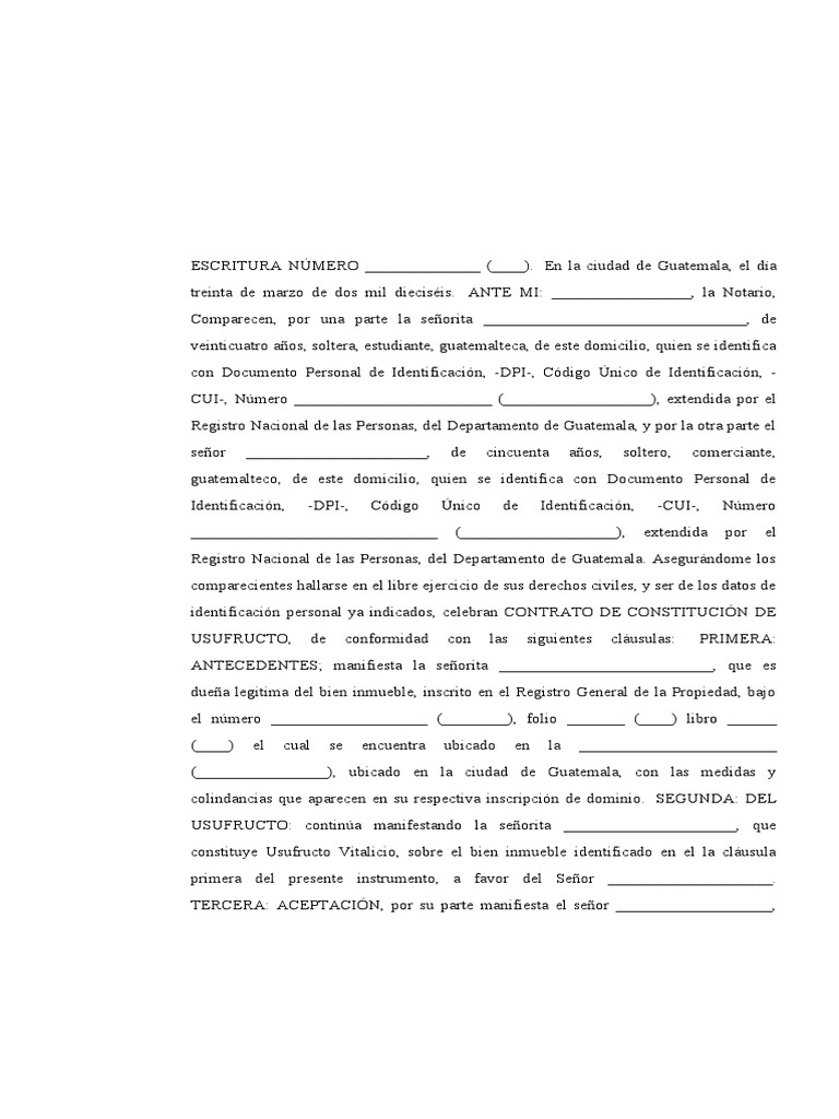 Escritura de Constitución de Usufructo Vitalicio PDF Guatemala Derecho Civil Law)