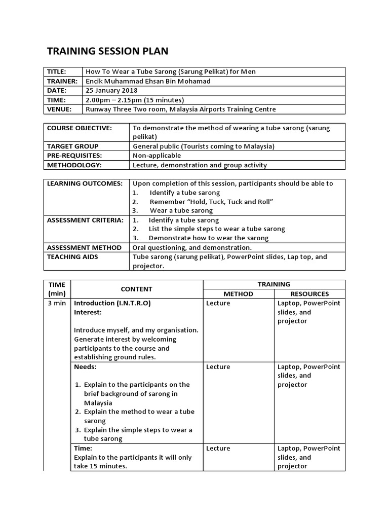 Sample of Training Session Plan: How To Wear A Tube Sarong | PDF ...