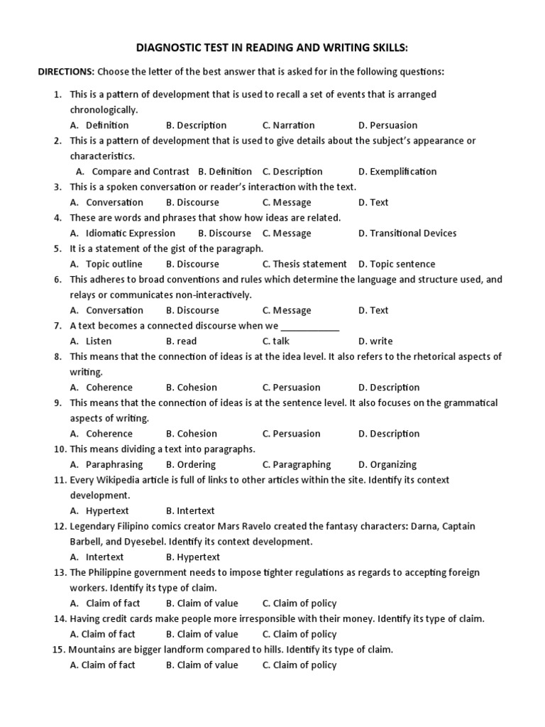 Diagnostic Test in Reading and Writing Skills PDF Argument Essays