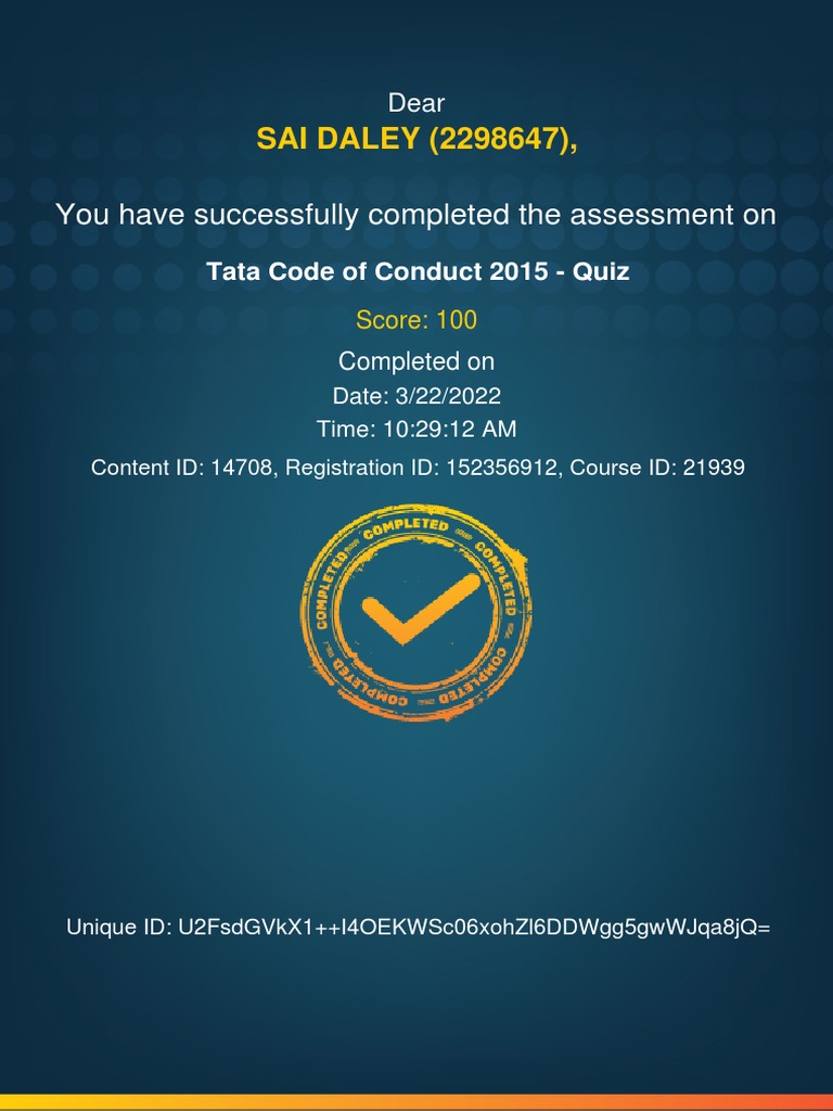 Tata code of conduct 2015 quiz completion certificate pdf