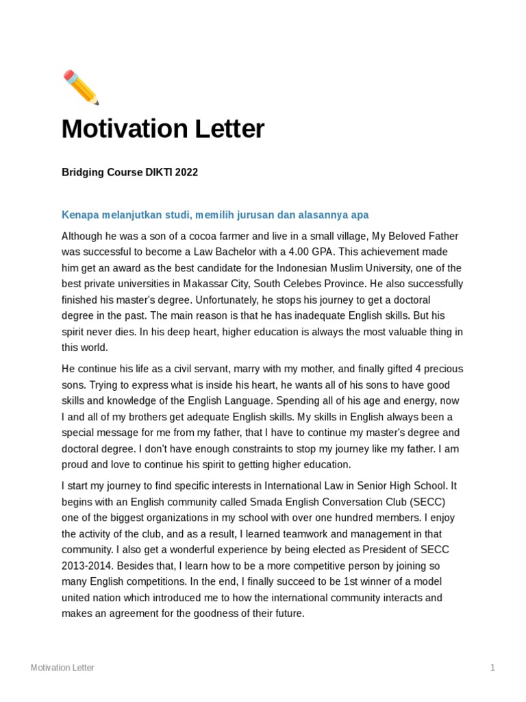 Motivation Letter Bridging Course Dikti 2022 Pdf