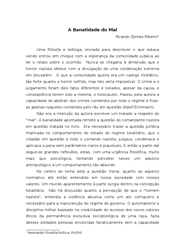 Hannah Arendt - Banalidade Do Mal | PDF | Moralidade | Pensamento