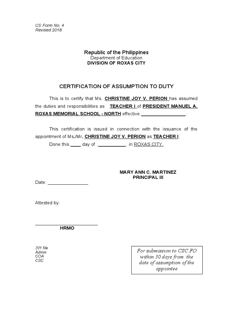 Cs form no 4 certification of assumption to duty revised 2018 pdf