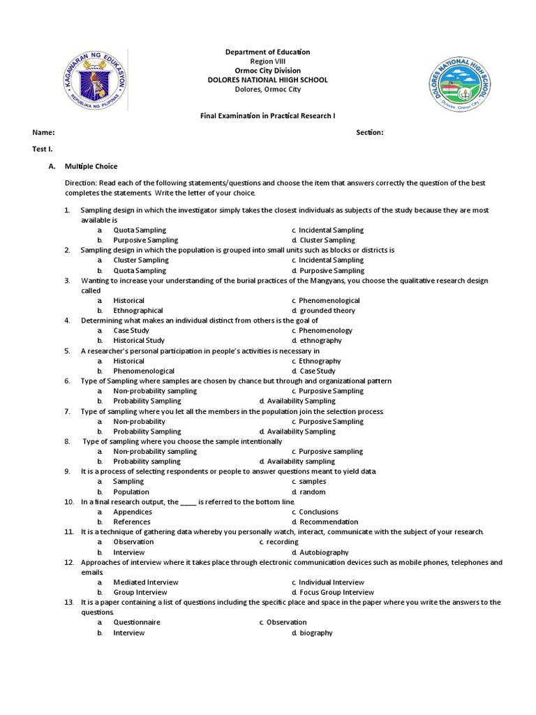 Final Examination in Practical Research I | PDF | Sampling (Statistics ...