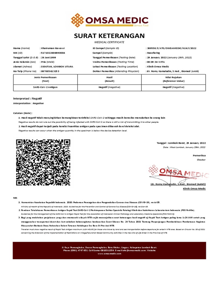 Surat Keterangan: Medical Certificate | PDF