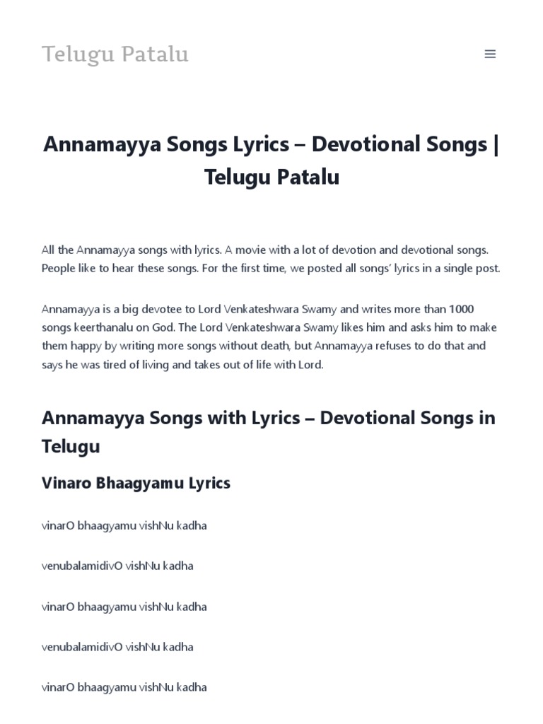 Annamayya Songs Lyrics in PDF by TeluguPatalu PDF Hindu Texts Ancient Indian Literature
