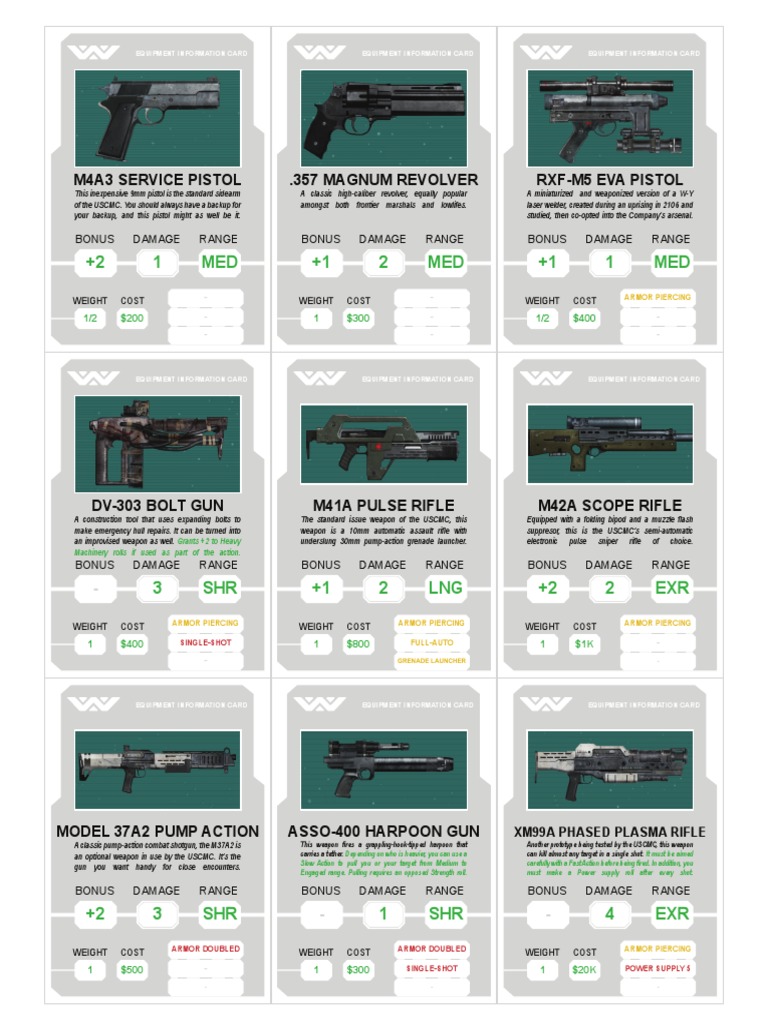 Alien RPG Weapon Cards Overview | PDF | Rifle | Armour