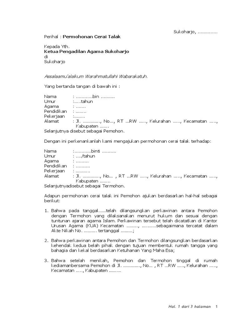 Permohonan Cerai Talak di Sukoharjo | PDF | Hukum