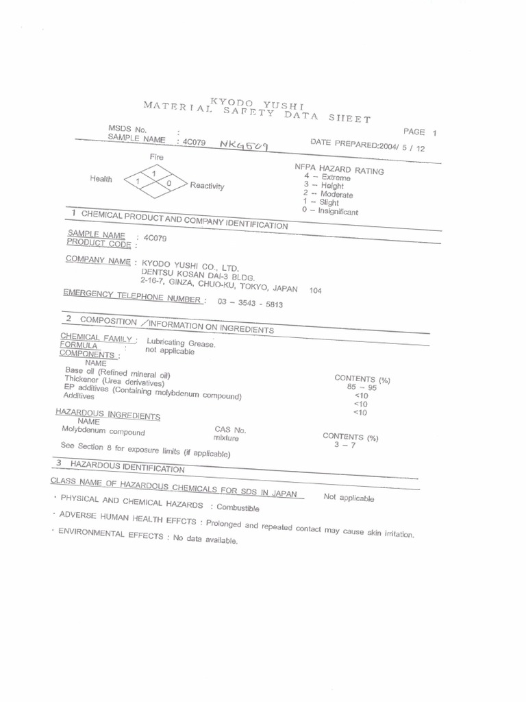 Lubricating Grease 4C079 Kyodo (MSDS) PDF