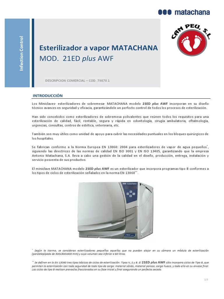 Esterilizador Matachana 21ED Plus AWF | PDF | Agua | Calidad (comercial)