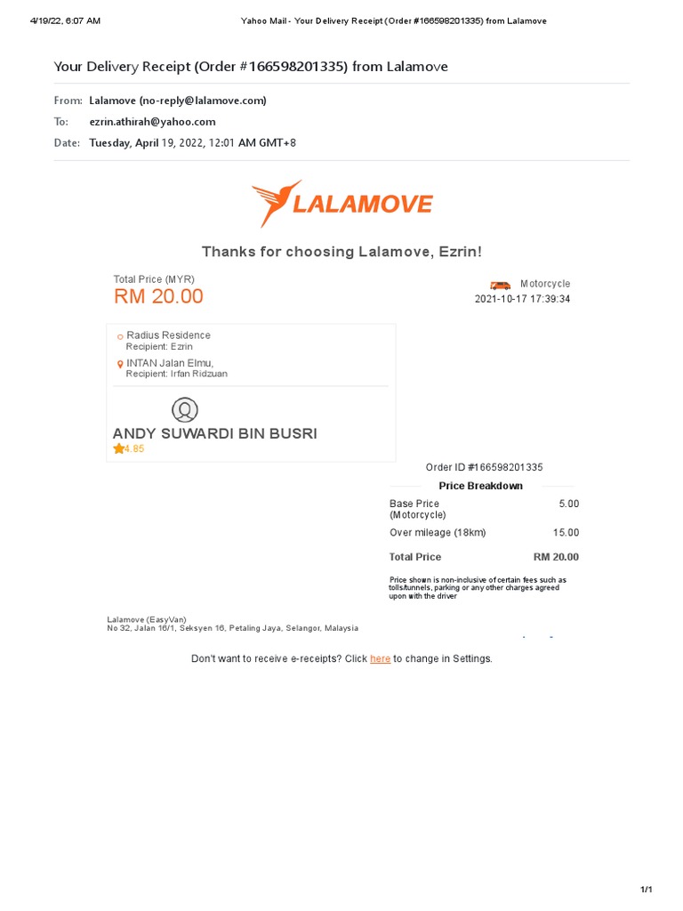 Delivery Receipt (Order 166598201335) From Lalamove PDF Service Industries