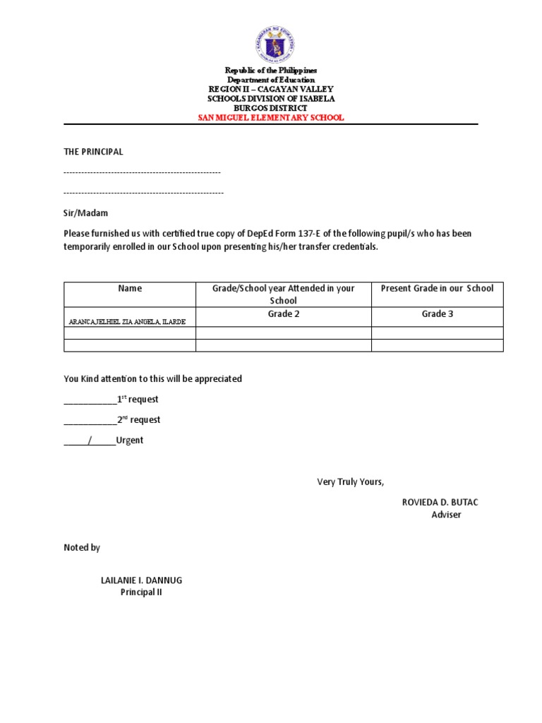 Request Letter Form 137 e | PDF