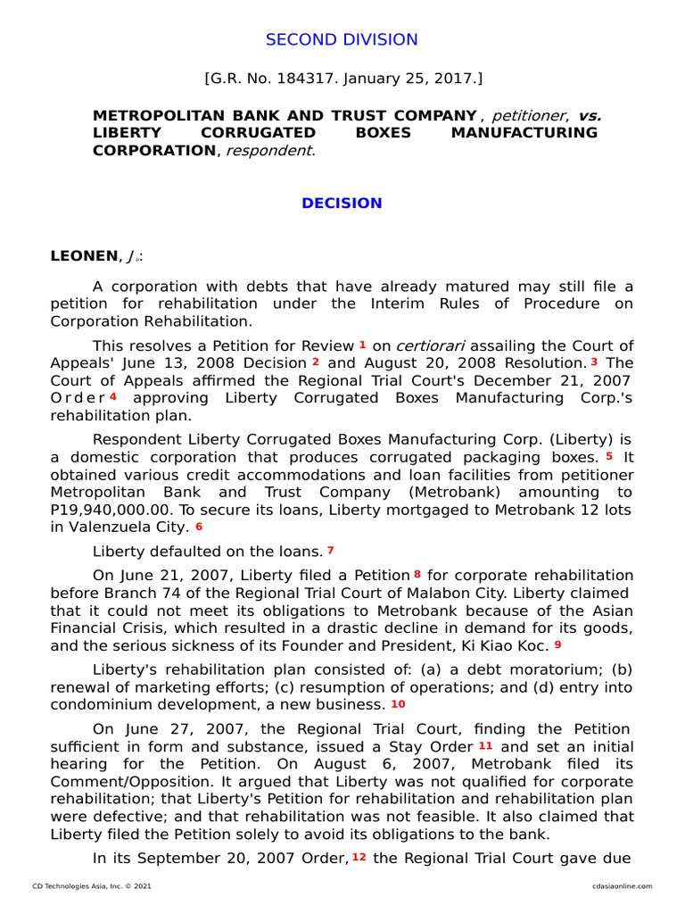 Petitioner Respondent Metropolitan Bank and Trust Company, Liberty