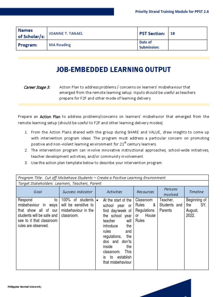 Job-Embedded Learning Output: Names of Scholar/s: PST Section: Program ...