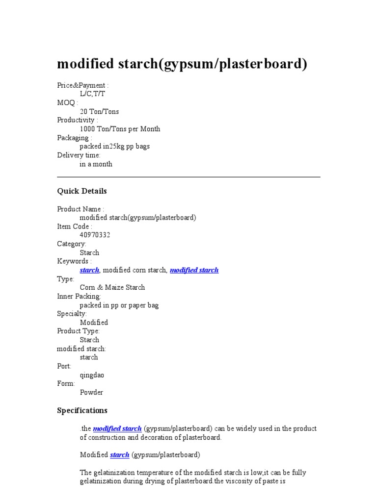 Modified Starch for Plasterboard Use | PDF