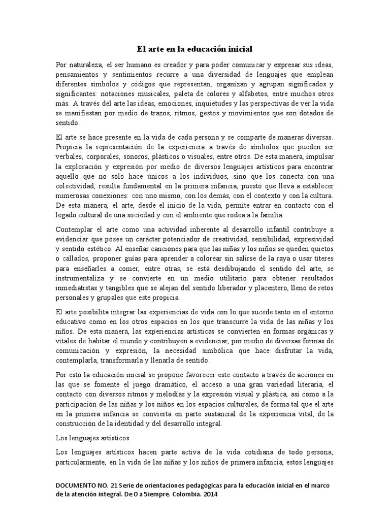 El Arte en La Educación Inicial | PDF | Educación de la primera ...