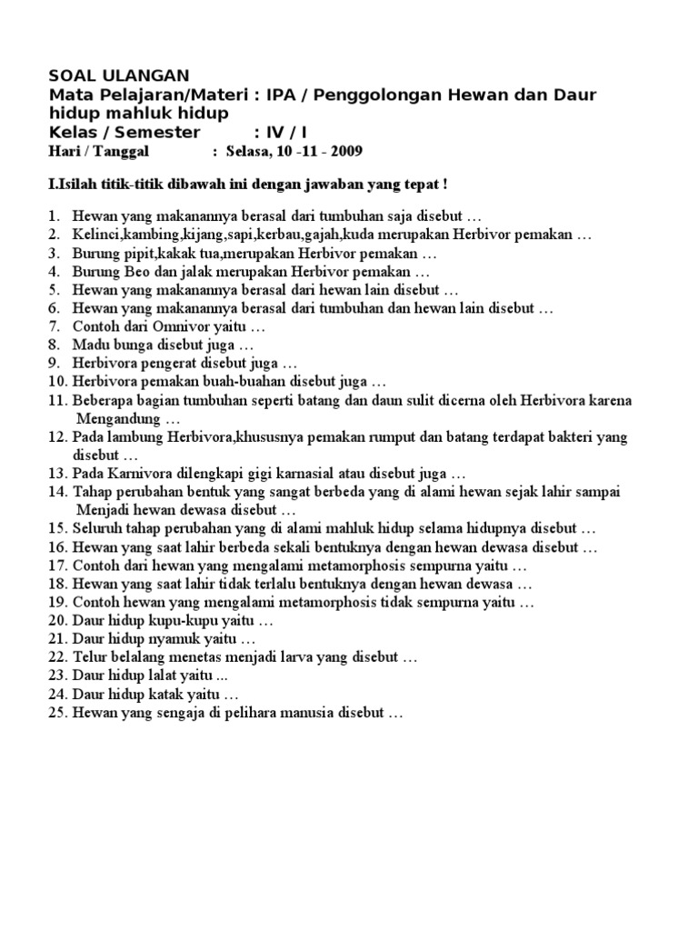 Soal Latihan Ipa Penggolongan Hewan Kelas 4 Smstr 1 09 10